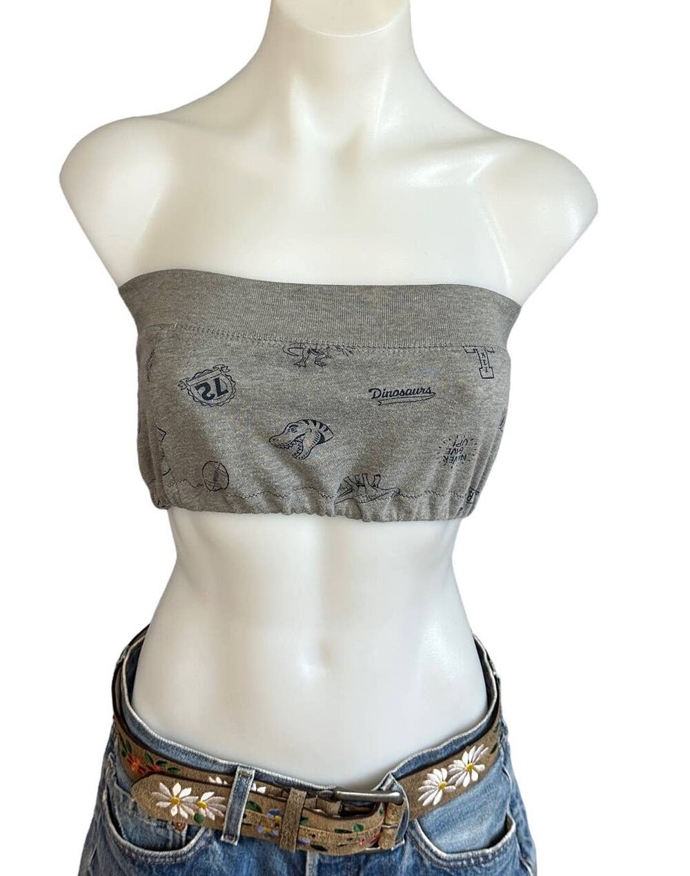 Dinosaur T-Rex Gray Bandeau Tube Top XS Kidcore Original Unique One of a kind